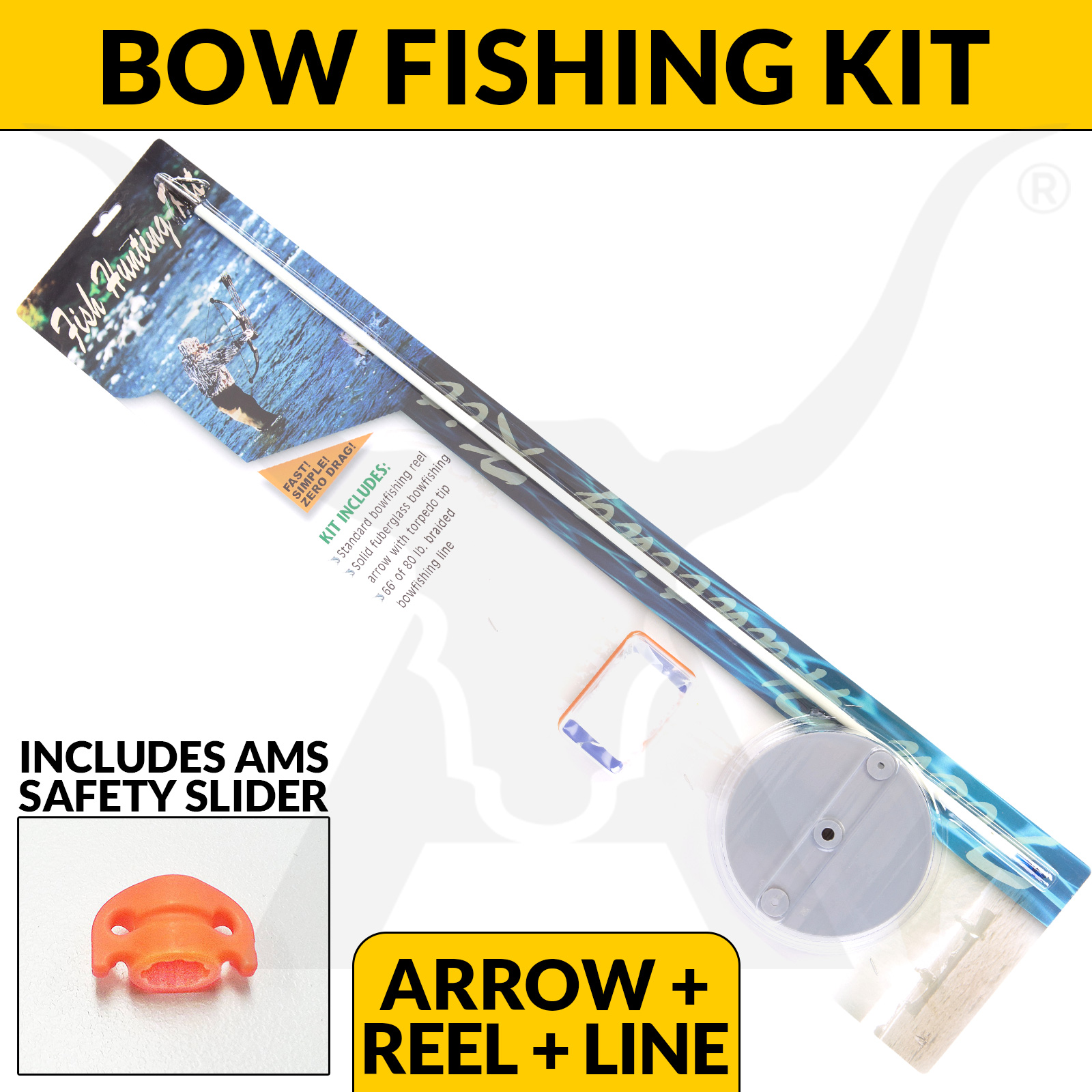 BOWFISHING REEL KIT FOR COMPOUND OR RECURVE BOW INCLUDES AMS SAFETY